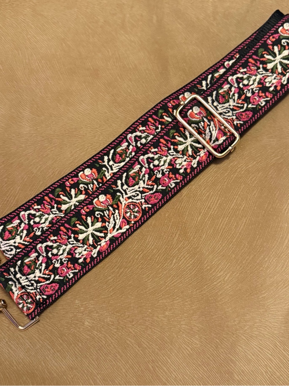 Embroidered Floral Adjustable Strap - Black & Pink
